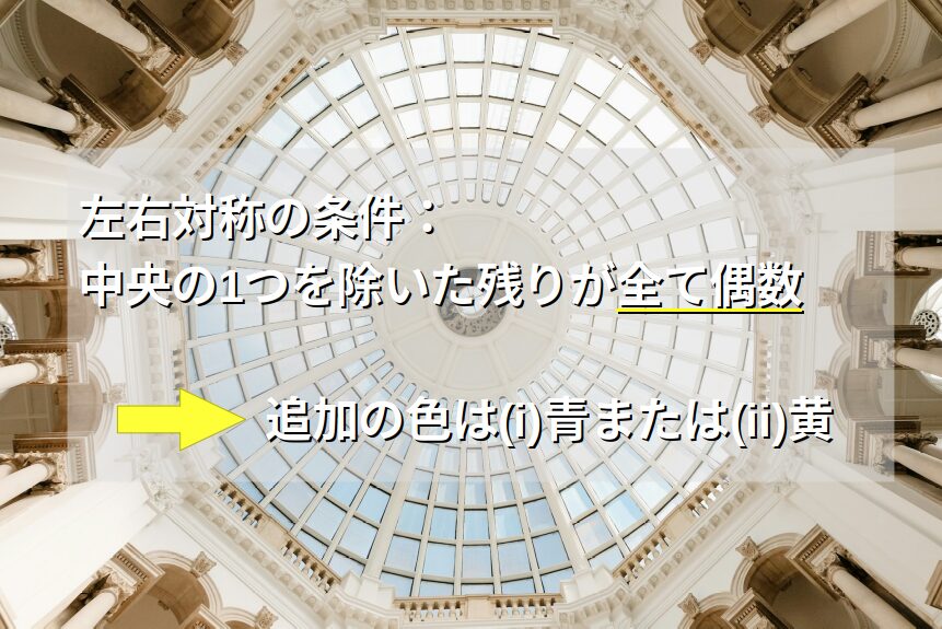 解き方要約：左右対称なら青＋１か黄＋１