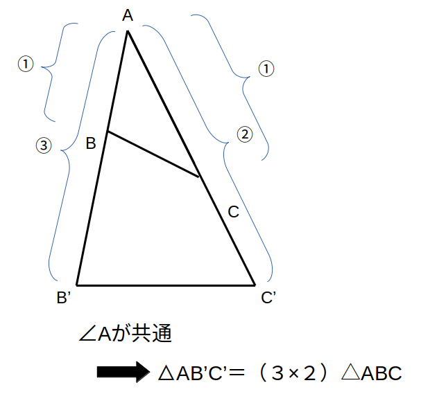 面積比の解き方３：共通角ならはさむ辺の比