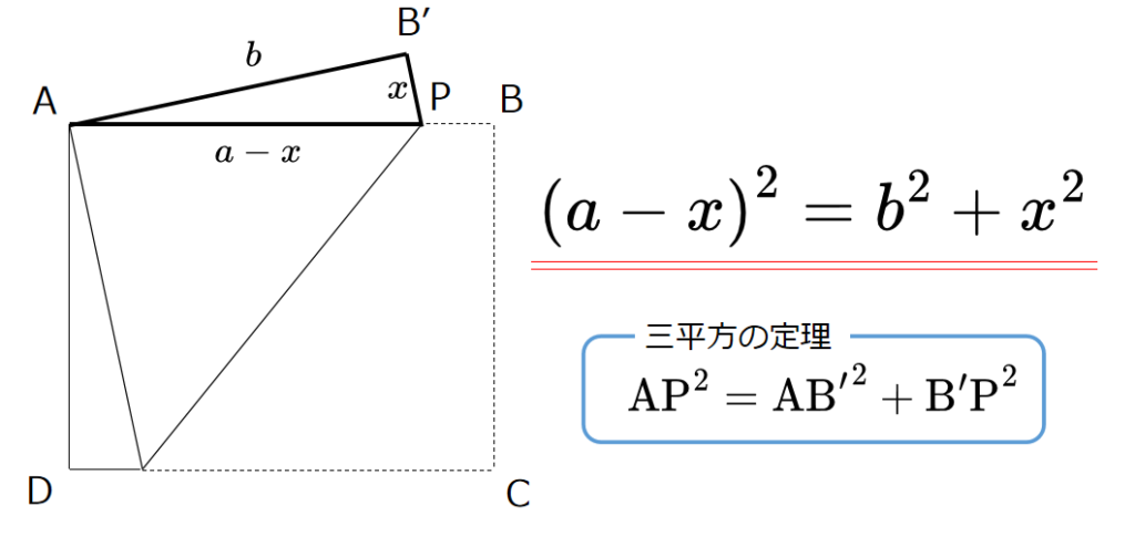 三平方の定理を△AB'Pに適用するとxの式を得る